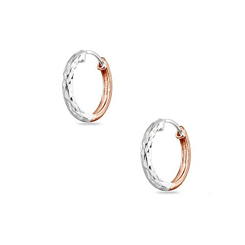 Sterling Silver 16mm Oval Small Hinged Huggie Hoop Earrings, Choose an Option - color: Diamond Cut - 2-Tone Rose