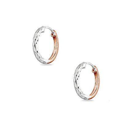 Sterling Silver 16mm Oval Small Hinged Huggie Hoop Earrings, Choose an Option - color: Diamond Cut - 2-Tone Rose