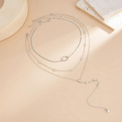 Gold Layered Necklace for Women Chunky Stacked Chain Link Paperclip Evil Eye Necklace Trendy Punk Jewelry - color: V-Silver