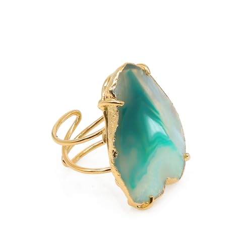Natural Agate Geode Slice Crystal Gemstone Free-Form Stone Ring Gold Electroplated Adjustable Rings for Women stone Size 30-40mm - color: Green