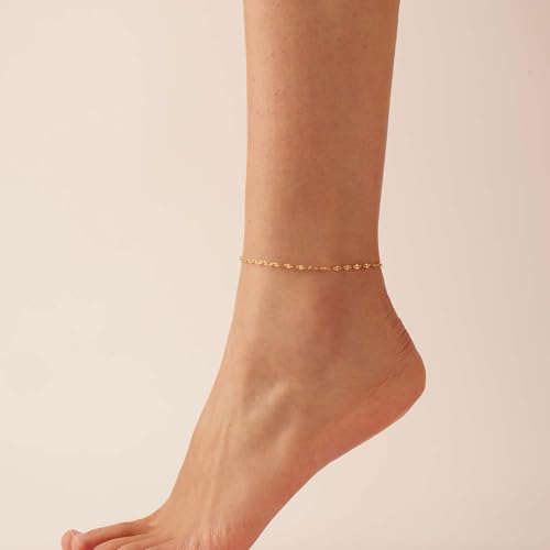 Dainty Ankle Bracelets for Women 18K Gold Plated Waterproof | Satellite Beaded Herringbone Lip Chain Anklets Simple Minimalist Summer Beach Foot Jewelry, Gift Box Included - color: Lip-Gold
