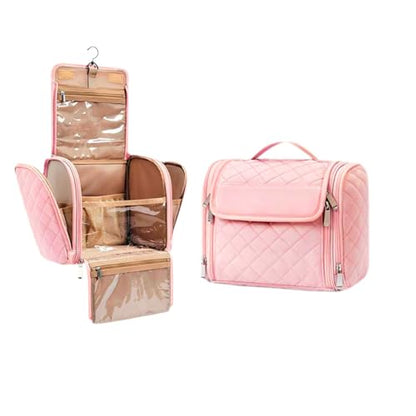 banapoy Hanging Toiletry Bag for Women, Roll up Cosmetics Makeup Bag, Travel Makeup Cosmetic Organizer with Hanging Hook, for Jewelry Toiletries, 10.63x9.45x6.30in (Pink) - color: Pink