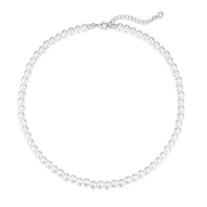 Zeffy Pearl Necklace 4MM/6MM/8MM Dainty Round Imitation Pearl Choker Necklace Wedding Pearl Necklace Delicate Jewelry for Women Simple Bridesmaid Jewelry Gifts - style: 6mm Silver Pearl Necklace(16"+2")