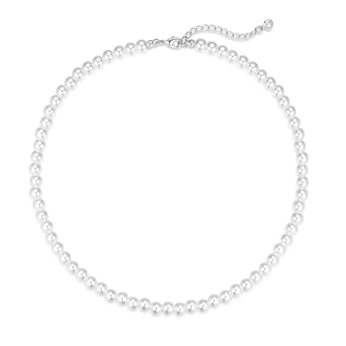 Zeffy Pearl Necklace 4MM/6MM/8MM Dainty Round Imitation Pearl Choker Necklace Wedding Pearl Necklace Delicate Jewelry for Women Simple Bridesmaid Jewelry Gifts - style: 6mm Silver Pearl Necklace(16"+2")