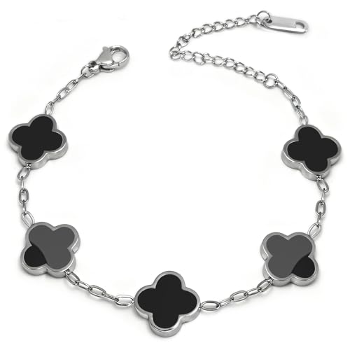 Four Leaf Clover Bracelet 18K Gold Plated Bracelets for Women Lucky Flower Design Stainless Steel Hypoallergenic Link Chain Adjustable Dainty Trendy Jewelry Gifts for Women - color: Silver Black