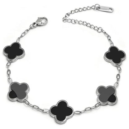 Four Leaf Clover Bracelet 18K Gold Plated Bracelets for Women Lucky Flower Design Stainless Steel Hypoallergenic Link Chain Adjustable Dainty Trendy Jewelry Gifts for Women - color: Silver Black