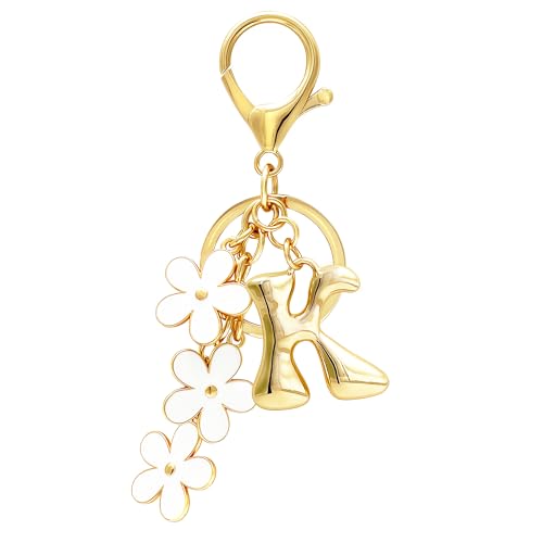 Floral Series Initial Bag Charm, Cute Flower & Bubble Letter Purse Charms, Keychain Accessories Gift for Women - color: White Flower, style: K