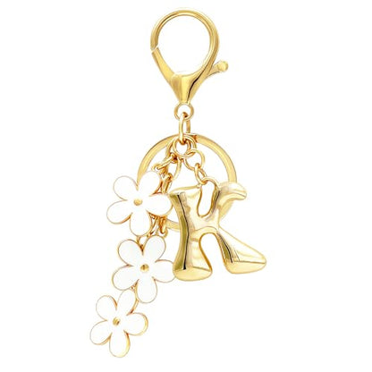Floral Series Initial Bag Charm, Cute Flower & Bubble Letter Purse Charms, Keychain Accessories Gift for Women - color: White Flower, style: K