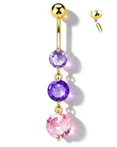 Cute Dangly Opal Belly Button Rings 14g 316L Stainless Steel Dangle Navel Rings for Women Belly Button Piercing Dangling Navel Bar - color: Purple CZ