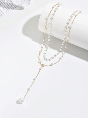 Lasso Necklace for Woman Gold And Pearl Lasso Necklace Exquisite Waterproof Adjustable Y Shaped Sun Necklaces Layered Pearl Lariat Necklaces Jewelry - color: Pearl1