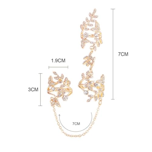 Rhinestone Finger Ring for Women Sparkly Crystal Butterfly Flower Leaf Adjustable Statement Chain Rings Punk Jewelry - color: Gold Leaf