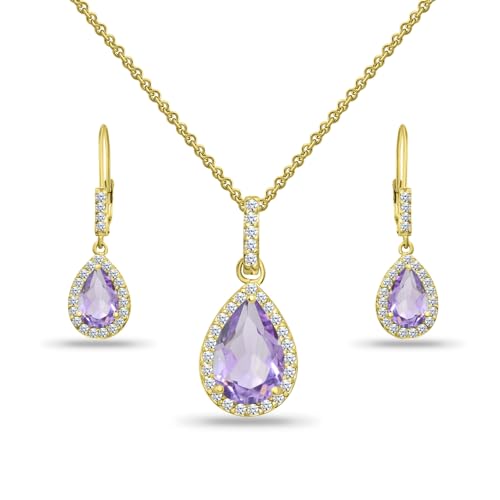 Jewelry Sets for Women, Necklace and Earring Sets for Women, Birthstone Jewelry, Genuine or Synthetic Gemstones, Teardrop Necklace and Dangle Earrings, Pendant Necklace, Sterling Silver Jewelry - color: Amethyst - Yellow Gold