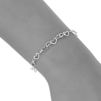 14K White Gold Plated Link Bracelet for Women Heart Star Round Beaded Charms Dainty Chain Simple Jewelry Gifts - color: star hollowed-white