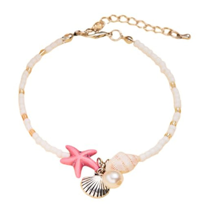 Shell Starfish Bracelet Seahorse Conch Starfish Sea Shell Pearls Charm Stone Bracelet Statement Bohemian Sea Themed Beach Jewelry for Women - color: Pink A