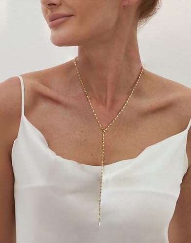 S.J JEWELRY Womens Handmade CZ Simple Delicate 14K Gold Plated/Rose Gold Plated/Silver Plated Lariat Simple Baton Adjustable Y Necklace - color: Gold Beads