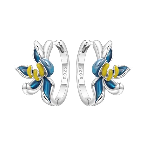 Floral Hoop Earrings 925 Sterling Silver with 14K Gold Plating – Lightweight CZ Flower Hoops | Hypoallergenic Jewelry for Women | Gift Box + Polishing Cloth - color: 18mm Blue Orchid Earrings