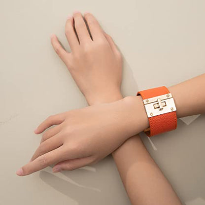 Rantanto Leather Wrap Bracelets For Women Gold Twist Lock Buckle Wrist Cuff | PU leather,Skin-friendly,Boho Stackable Wristband,Fashion Daily Jewelry,Trend Casual Party Bangle,Fit For Birthday, Holiday - color: Wide Orange