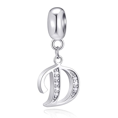 26 Letter Pendant Charms, Polished 925 Sterling Silver Complete Initial A-Z Dangling CZ Stone Alphabet Beads, fits European Bracelet Necklace, Gift for Mother/Father/Daughter/Son/Sister/Aunt - color: Letter D CZ Pendant Charm