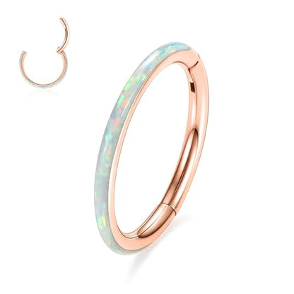 PEAKLINK Hinged Nose Hoop Ring Surgical Steel Conch Cartilage Helix Lobe Earring for Septum Lip Tragus Daith Rook Orbital Belly Nose Piercing Jewelry - color: Rose Gold with White Opal