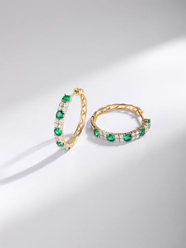 Women's Huggie Hoops with Birthstone 925 Sterling Silver Huggie Stud Hypoallergenic 14K Gold Plated Moissanite Earrings -Emerald Sapphire Ruby Hoop Earrings, Size 20 25mm - color: A -Emerald Gold, size: 25mm (1 Inch)