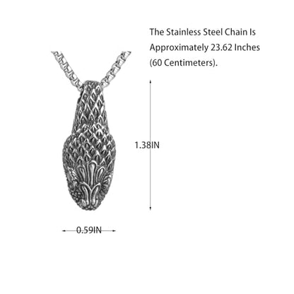Men's Gothic Punk Hip Hop Rock Animal Snake head Pendant Necklace, 316L Stainless Steel Material, Silver Stainless Steel Square Pearl Chain, Retro Jewelry Gift