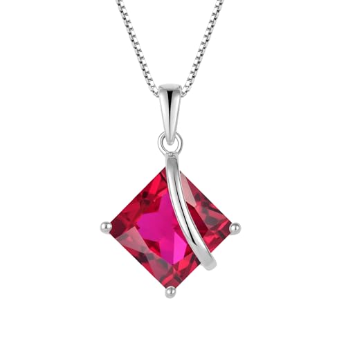 Square Princess Cut Necklace 925 Sterling Silver Solitaire Pendant Necklace Birthstone Jewelry Gifts for Women - color: 07 July - Ruby