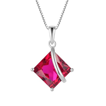 Square Princess Cut Necklace 925 Sterling Silver Solitaire Pendant Necklace Birthstone Jewelry Gifts for Women - color: 07 July - Ruby