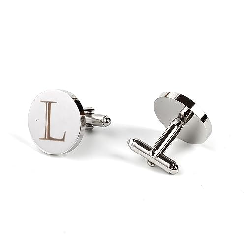 Mens Initial Silver Cufflinks A-Z Alphabet Letter Steel Cuff Links with Engraved Walnut Wood Box Groom Groomsman Wedding Set… - style: L