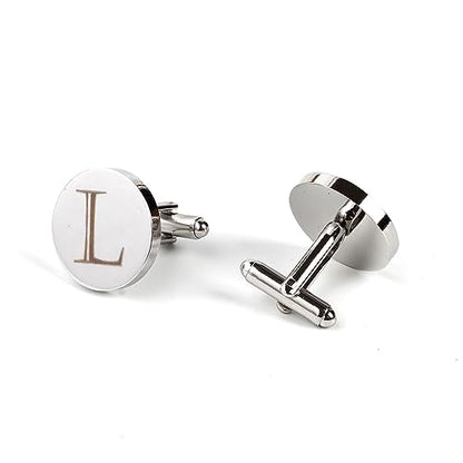 Mens Initial Silver Cufflinks A-Z Alphabet Letter Steel Cuff Links with Engraved Walnut Wood Box Groom Groomsman Wedding Set… - style: L