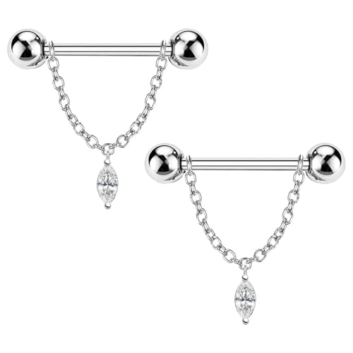 14G Nipple Rings for Women 316L Stainless Steel Dangle Nipple Barbell Nipple Studs Rings Nipple Piercing Jewelry - color: silver