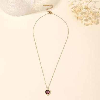 Heart Birthstone Necklace for Women, 14K Gold Plated Birthstone Pendant Necklace Cubic Zirconia Diamond Necklace Dainty Gold Necklace Birthday Gifts for Women Girls - color: 01. January(Garnet)