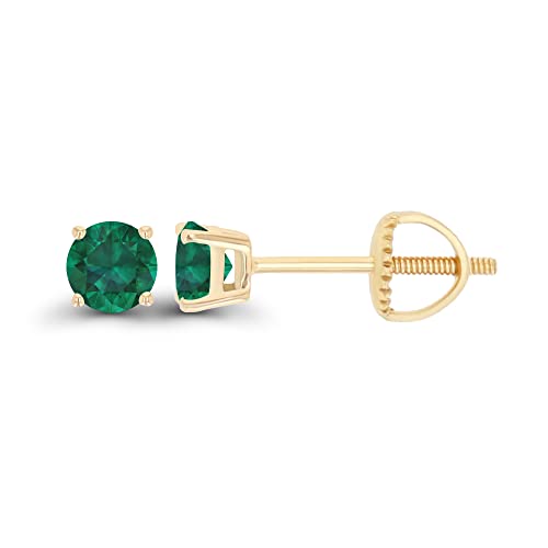 14K Gold Plated 925 Sterling Silver Hypoallergenic 4mm Round Genuine Birthstone Solitaire Screwback Stud Earrings - color: Emerald Created