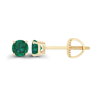 14K Gold Plated 925 Sterling Silver Hypoallergenic 4mm Round Genuine Birthstone Solitaire Screwback Stud Earrings - color: Emerald Created