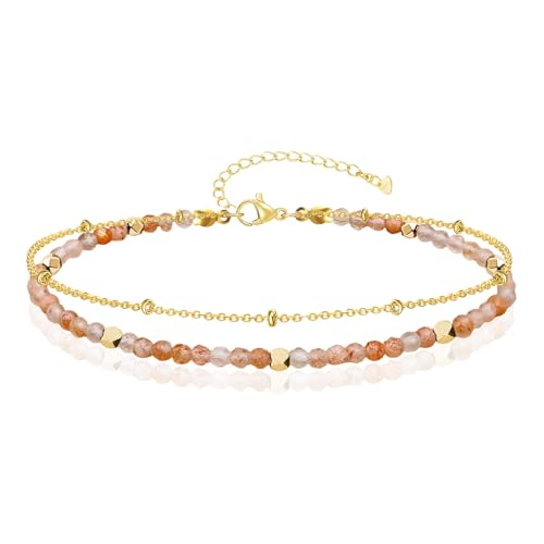 Gold Ankle Bracelet for Women Waterproof, Dainty Natural Stone Bead Anklet Adjustable Double Ankle Chain Summer Beach Boho Foot Jewelry Anniversary Birthday Gifts - color: Sunstone