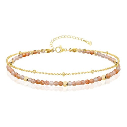 Gold Ankle Bracelet for Women Waterproof, Dainty Natural Stone Bead Anklet Adjustable Double Ankle Chain Summer Beach Boho Foot Jewelry Anniversary Birthday Gifts - color: Sunstone
