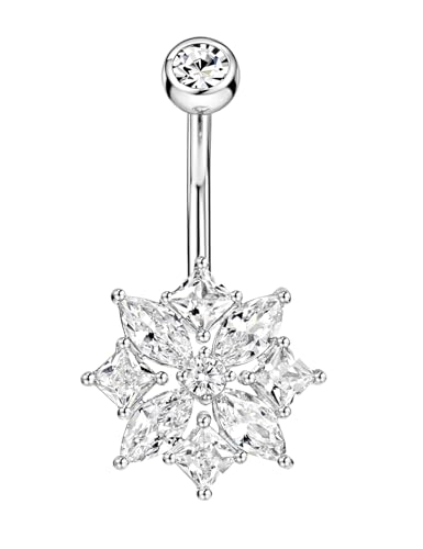 Belly Button Ring Dangle, Cross Belly Button Ring, Navel Piercing | 316L Surgical Steel, AAA+ Cubic Zirconia, Nickel-Free, Hypoallergenic, Multi-Style, 14 Gauge 10 mm Screw On Piercing Stud - style: A Flower with Square
