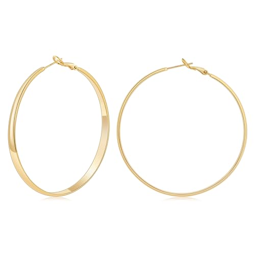 Gacimy 5mm Wide Gold Hoop Earrings for Women, 14K Gold Plated Hoops with 925 Sterling Silver Post, Hypoallergenic Earrings for Women - color: Gold, size: 60mm