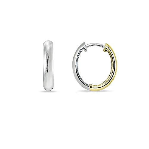 Sterling Silver 16mm Oval Small Hinged Huggie Hoop Earrings, Choose an Option - color: 3x16mm - 2-Tone Yellow