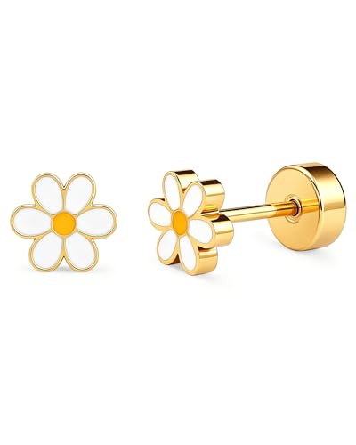 Hypoallergenic Daisy Studs Earrings for Women,18K Gold Plated Surgical Stainless Steel Flat Back Flower Earrings for Sensitive Ears,20G Post Screw Back Cartilage Helix Piercing Jewelry - color: Gold