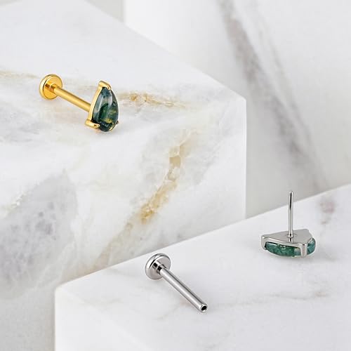 1PC ASTM F136 Titanium Piercing Jewelry for Tragus Conch Helix Flat Labret 18G 6mm 8mm, Cartilage Earring Flatback Stud - color: Moss Agate Drop - Gold