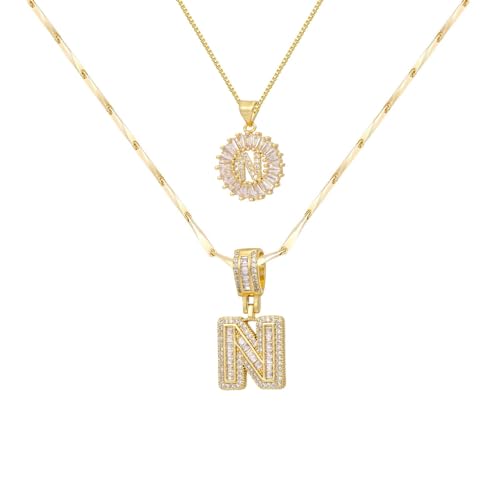 2PCS Initial Necklaces for Women, 14K Gold Plated Letter Pendant Set | Trendy Layered Bling Style, Meaningful Letter & Round CZ Pendant Design - color: Gold, style: Letter N