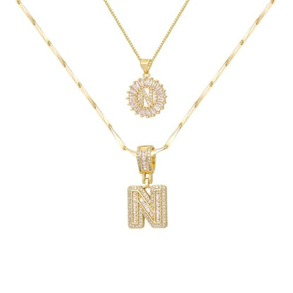 2PCS Initial Necklaces for Women, 14K Gold Plated Letter Pendant Set | Trendy Layered Bling Style, Meaningful Letter & Round CZ Pendant Design - color: Gold, style: Letter N