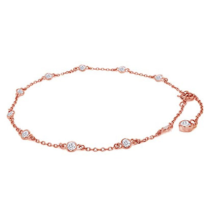 Link Chain Station Anklet Bracelet for Women 1.00 CT | 3MM Round Moissanite in Sterling Silver Jewelry for Her 8" to 10" - color: A3 : Rose Gold