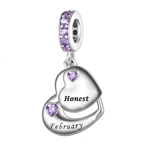 Double Heart Dangle Charm 12 Birthstone Bead for European Bracelet - style: February