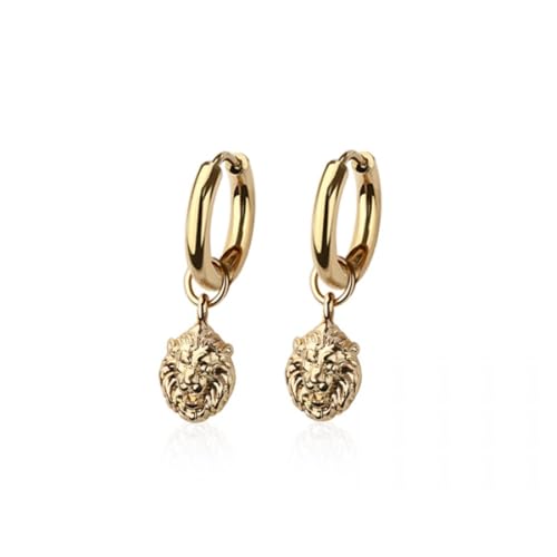 316L Stainless Steel Lion Head Dangling Huggie Hoop Earrings, Sold as a Pair - style: Gold Tone