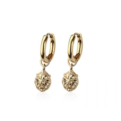 316L Stainless Steel Lion Head Dangling Huggie Hoop Earrings, Sold as a Pair - style: Gold Tone