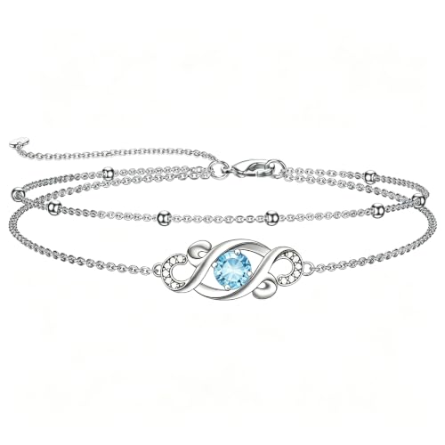 Dorunmo Birthstone Infinity Love Bracelet for Women 925 Sterling Silver Sparkling Gemstone Double Layered Adjustable Bracelets Birthday Jewelry Gifts for Mom Women - color: 03-Mar-Aquamarine
