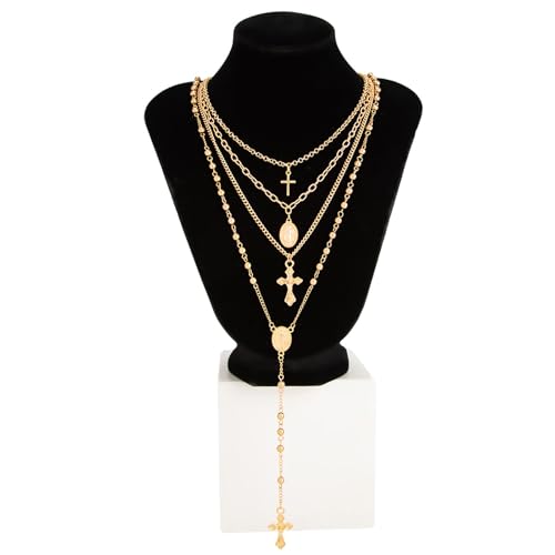 Layered Cross Necklace Set for Women, Layered Choker Necklaces Trendy Jewelry, Colorful Enamel Beaded Y-Shaped Lariat Necklace, Boho Multilayer Cross Necklace for Party and Daily Wear - color: Gold-05