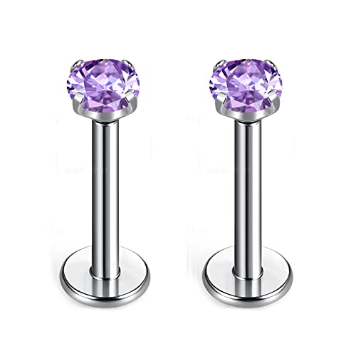 BelezaDosas G23 Titanium Labret Studs Threadless 16G Lip Rook Lobe Tragus Helix Cartilage Push Back Earring Piercing Jewelry - style: 1 pair Amethyst