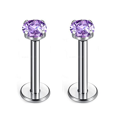 BelezaDosas G23 Titanium Labret Studs Threadless 16G Lip Rook Lobe Tragus Helix Cartilage Push Back Earring Piercing Jewelry - style: 1 pair Amethyst